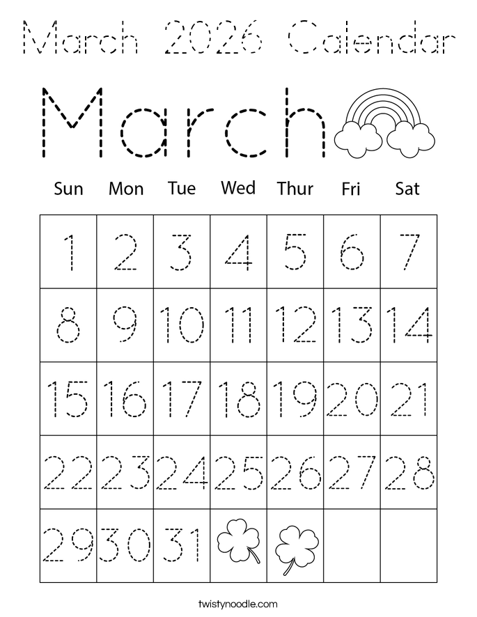March 2026 Calendar Coloring Page