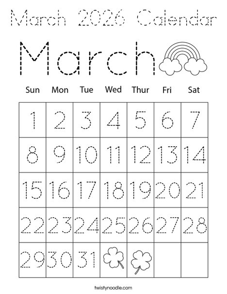 March 2026 Calendar Coloring Page