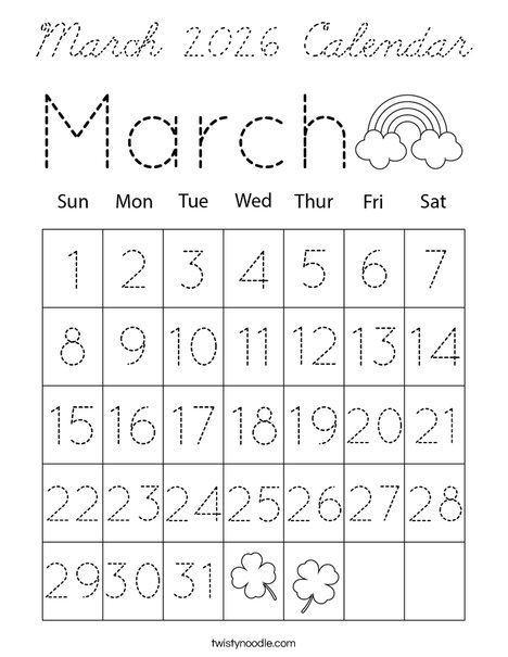 March 2026 Calendar Coloring Page