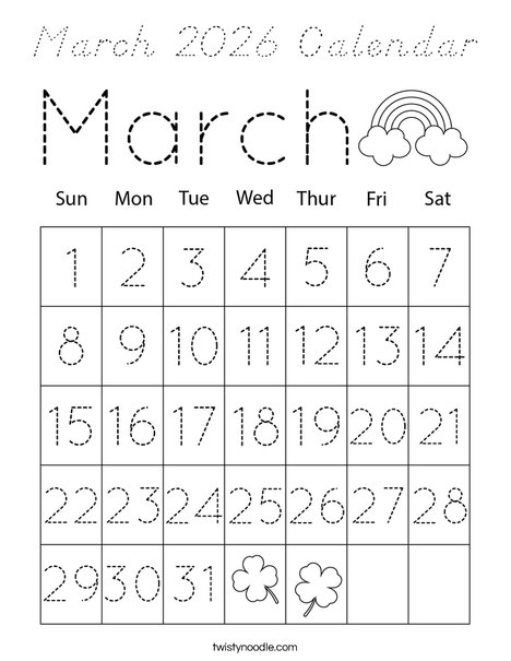 March 2026 Calendar Coloring Page