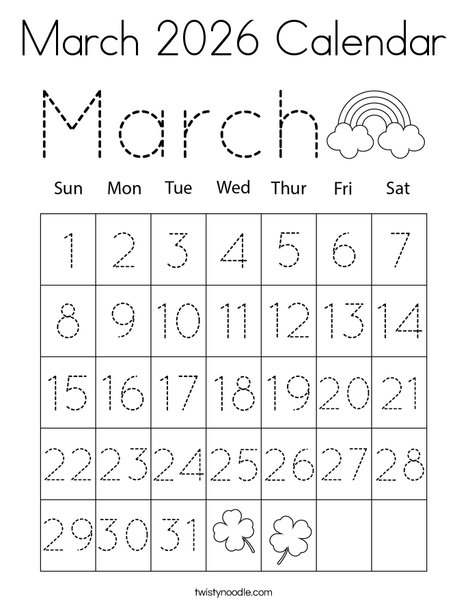 March 2026 Calendar Coloring Page
