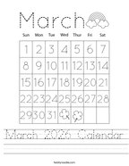 March 2026 Calendar Handwriting Sheet