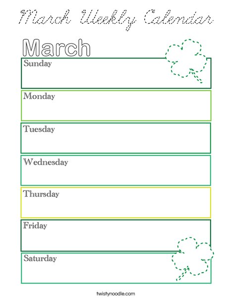 March Weekly Calendar Coloring Page