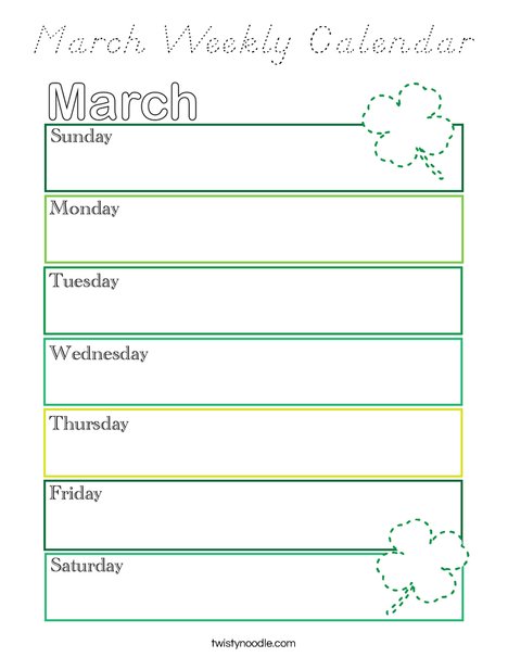 March Weekly Calendar Coloring Page