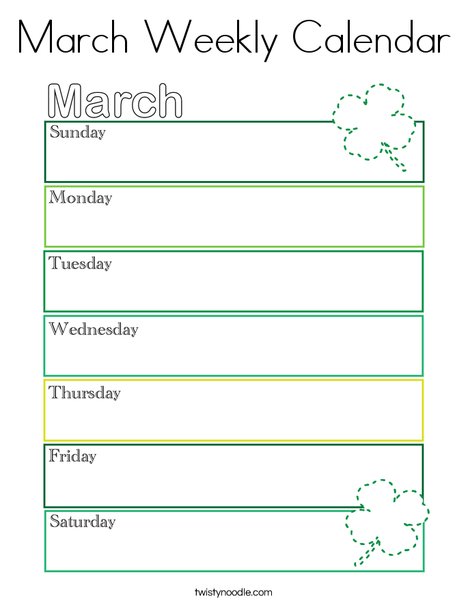 March Weekly Calendar Coloring Page Twisty Noodle March Weekly Calendar Coloring Page Twisty Noodle