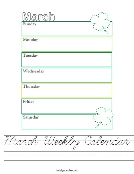 March Weekly Calendar Worksheet