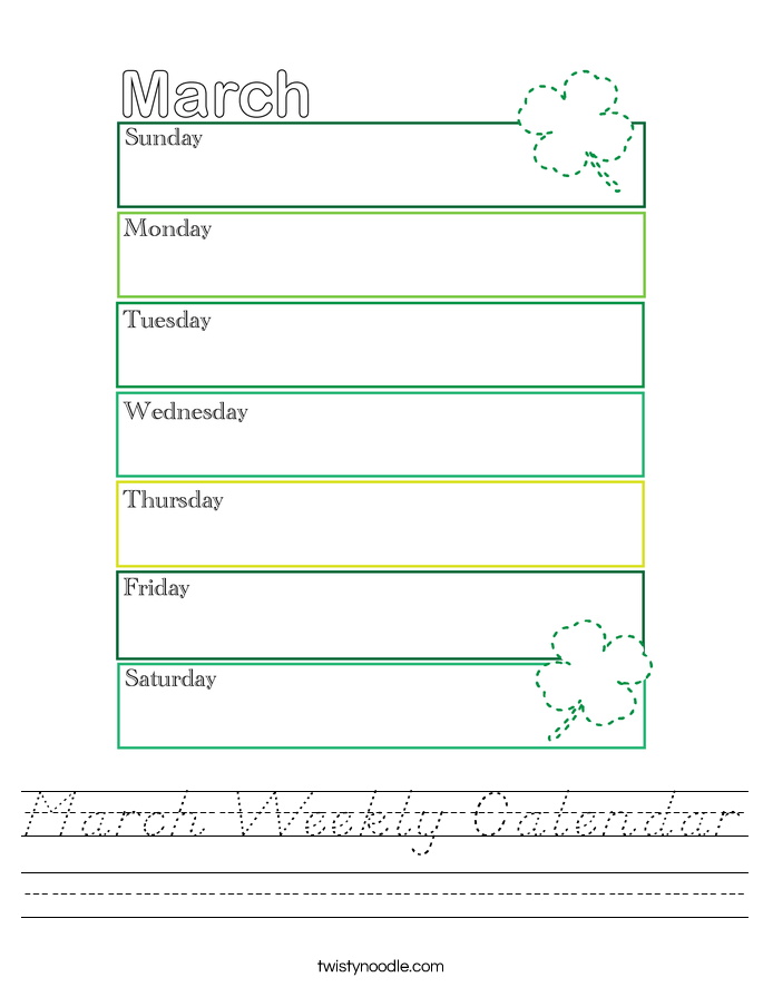 March Weekly Calendar Worksheet