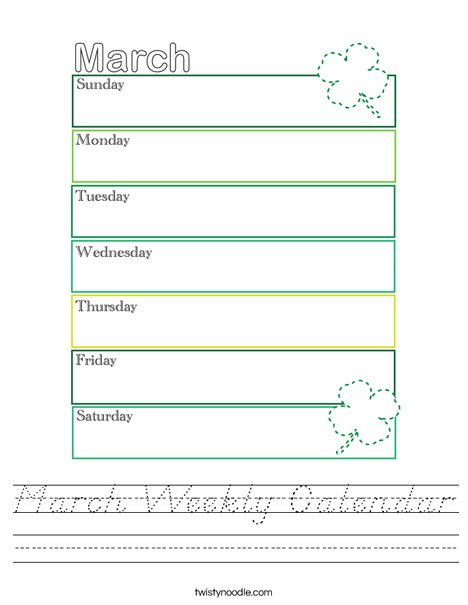 March Weekly Calendar Worksheet