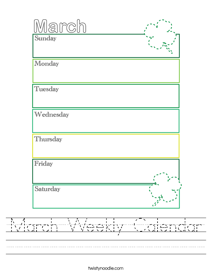 March Weekly Calendar Worksheet