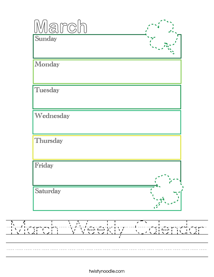 March Weekly Calendar Worksheet Twisty Noodle March Weekly Calendar Worksheet Twisty Noodle