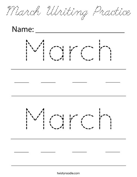 March Writing Practice Coloring Page