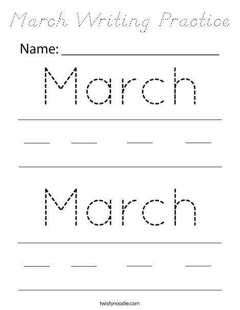 March Writing Practice Coloring Page