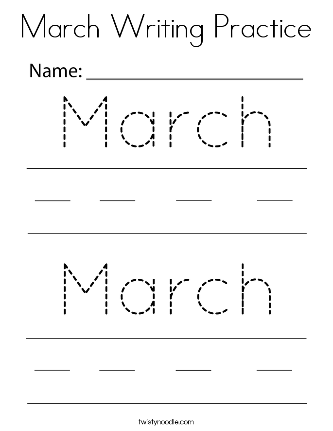 March Writing Practice Coloring Page - Twisty Noodle