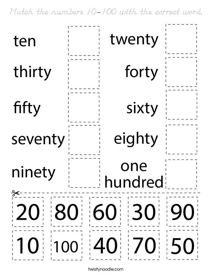 Match the numbers 10-100 with the correct word. Coloring Page