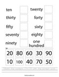 Match the numbers 10-100 with the correct word. Worksheet