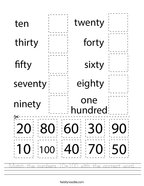 Match the numbers 10-100 with the correct word Handwriting Sheet