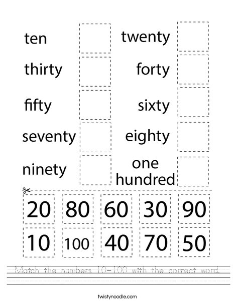 Match the numbers 10-100 with the correct word. Worksheet