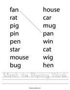 Match the Rhyming Words Handwriting Sheet