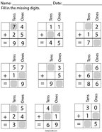 2 Digit Addition- Fill in the Missing Numbers Math Worksheet