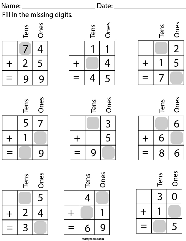 2 digit addition fill in the missing numbers math worksheet twisty noodle