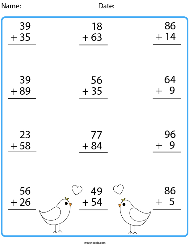 2 Digit Addition with Carrying Math Worksheet - Twisty Noodle 2-digit-addition-with-carrying-math-worksheet-twisty-noodle