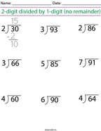 2-digit divided by 1-digit (no remainder) Math Worksheet