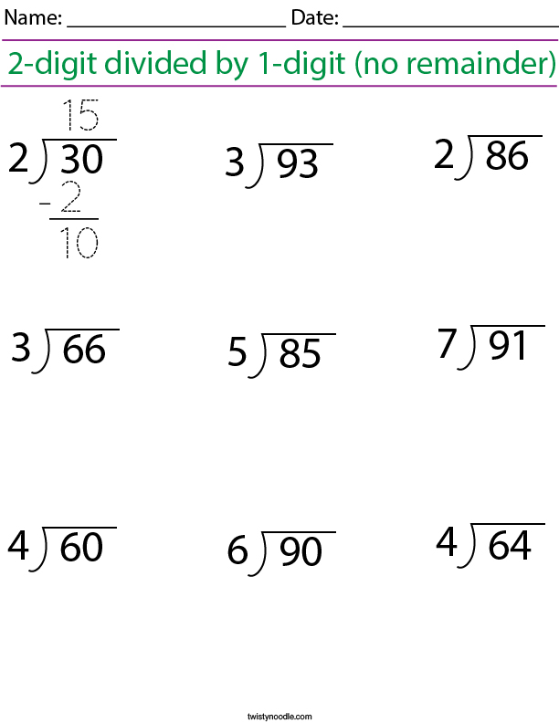 2 digit divided by 1 digit (no remainder) Math Worksheet Twisty Noodle 2 digit divided by 1 digit (no remainder) Math Worksheet Twisty Noodle