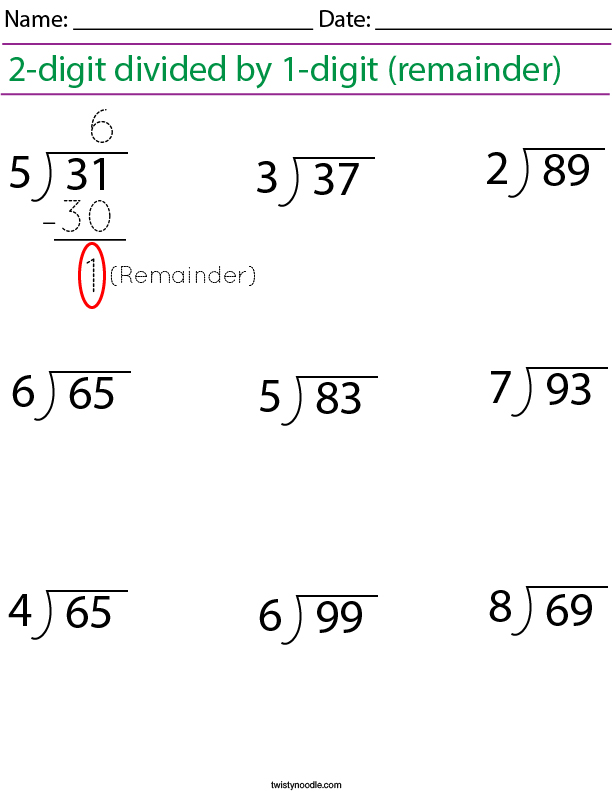 2-digit divided by 1-digit, with remainder Math Worksheet
