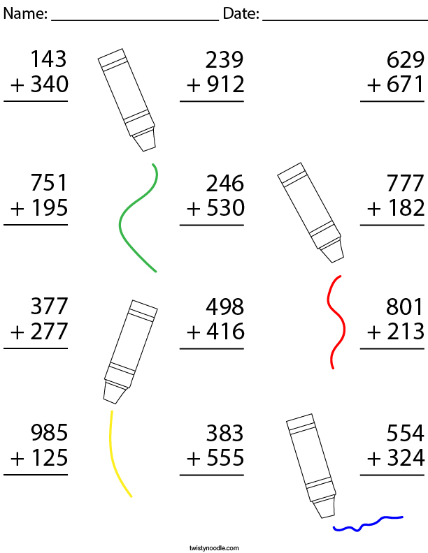 3 digit addition math worksheet twisty noodle