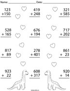3 Digit Dino Addition Math Worksheet