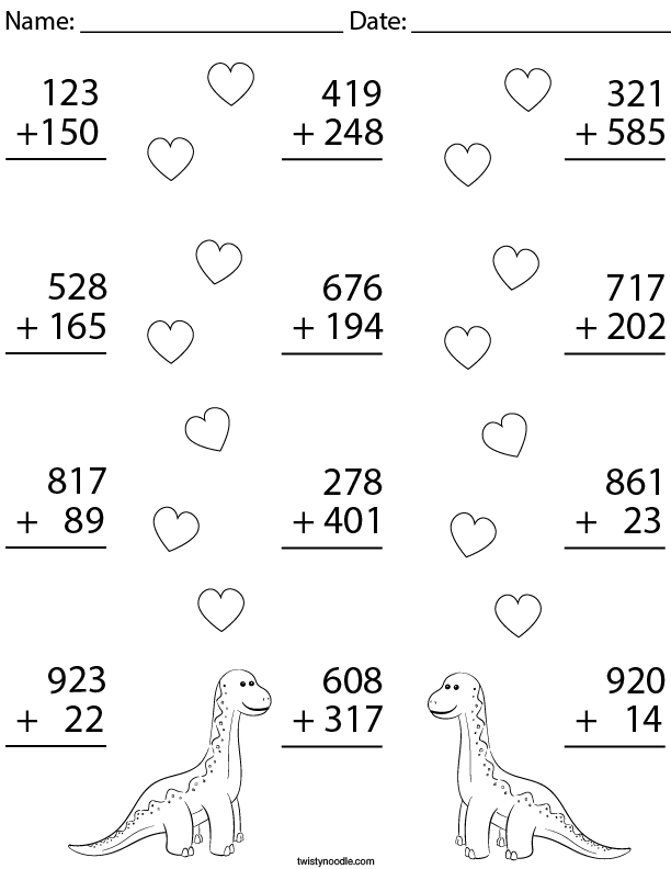 Three digit addition math worksheets