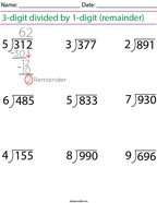3-digit divided by 1-digit, with remainder Math Worksheet