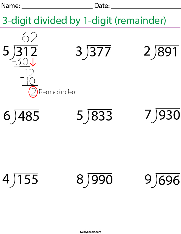 3-digit divided by 1-digit, with remainder Math Worksheet