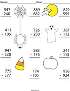 3 Digit Halloween Subtraction Math Worksheet