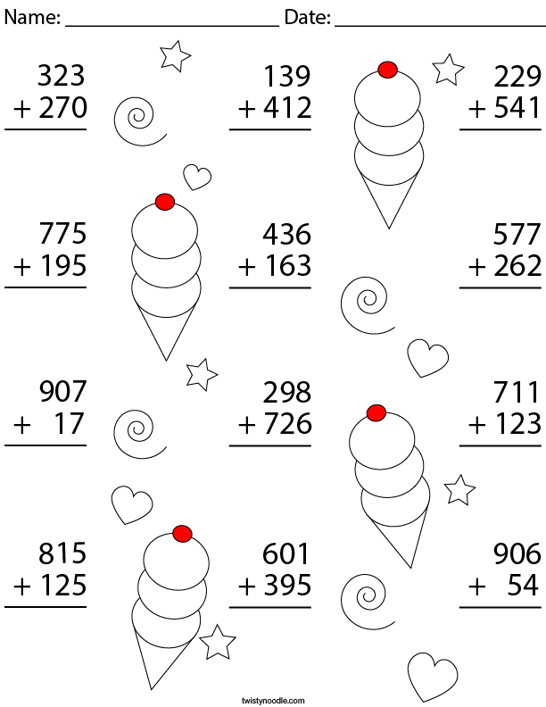 3 Digit Ice Cream Addition Math Worksheet - Twisty Noodle 3 Digit Ice Cream Addition Math Worksheet - Twisty Noodle
