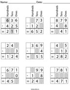 3 Digit Subtraction- Fill in the Missing Numbers Math Worksheet