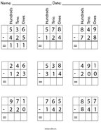 3 Digit Subtraction with Place Value Math Worksheet