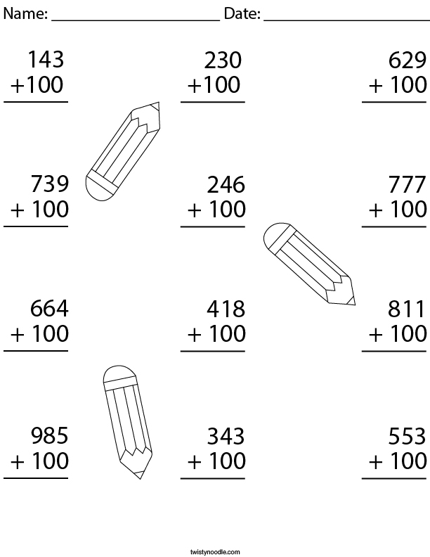 Add 100 to each 3 digit number Math Worksheet