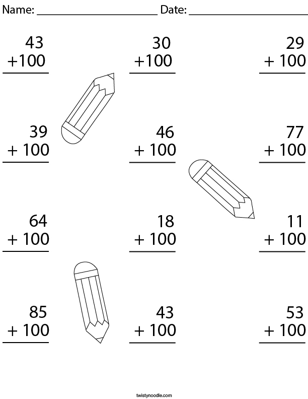 Add 100 to each Number Math Worksheet