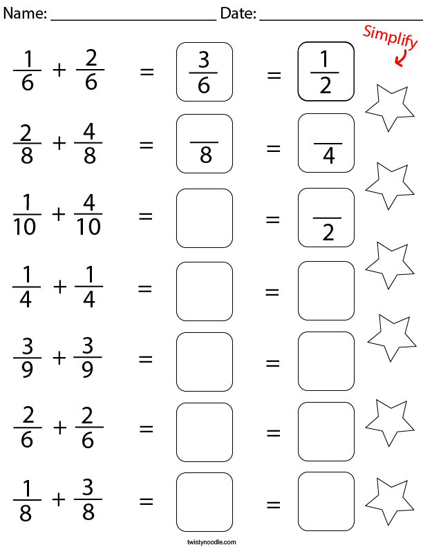 add and simplify the like fractions math worksheet twisty noodle