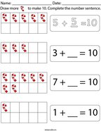 Add More Candy Canes to Make 10 Math Worksheet