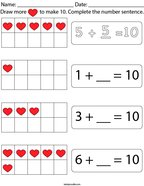 Add More Hearts to Make 10 Math Worksheet