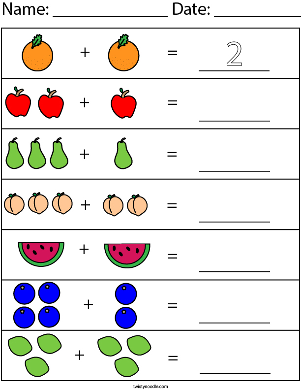 add the fruit math worksheet twisty noodle