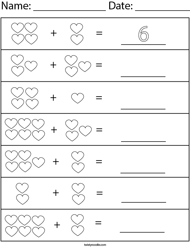 Add the Hearts Math Worksheet