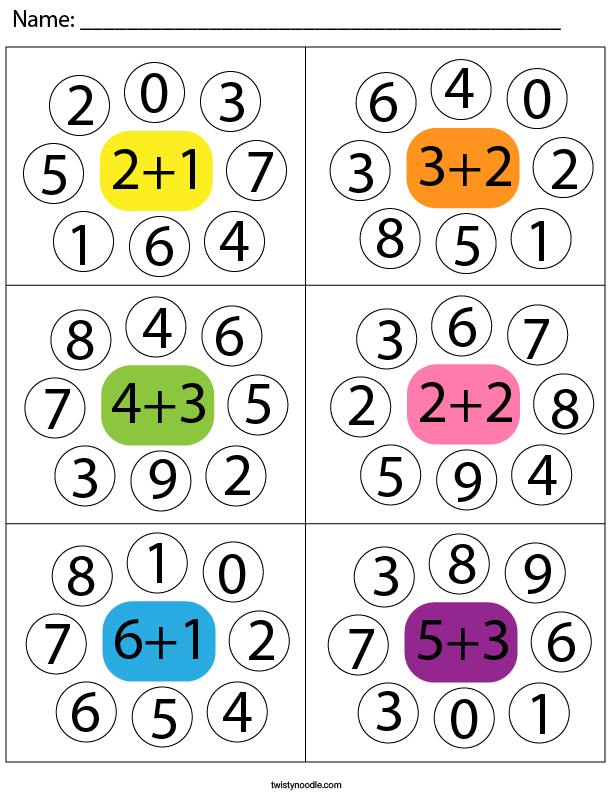 Add then color the correct number. Math Worksheet