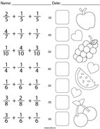 Adding 3 Like Fractions Math Worksheet