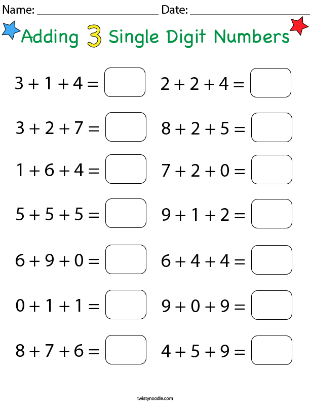 Adding 3 Single Digit Numbers Math Worksheet