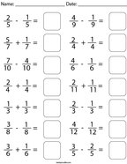 Adding and Subtracting Like Fractions Math Worksheet