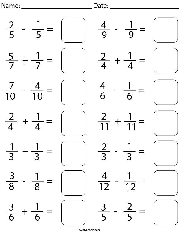 Adding and Subtracting Like Fractions Math Worksheet