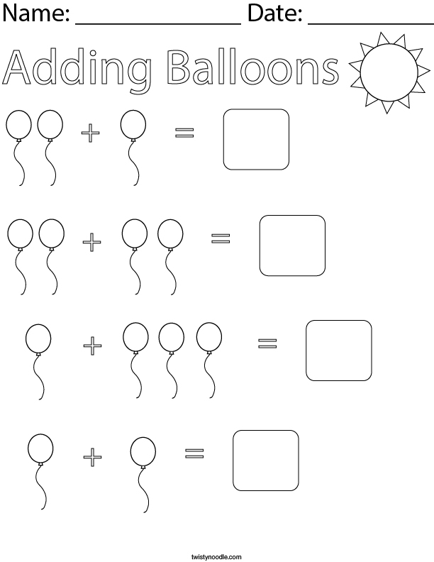 Adding Balloons Math Worksheet